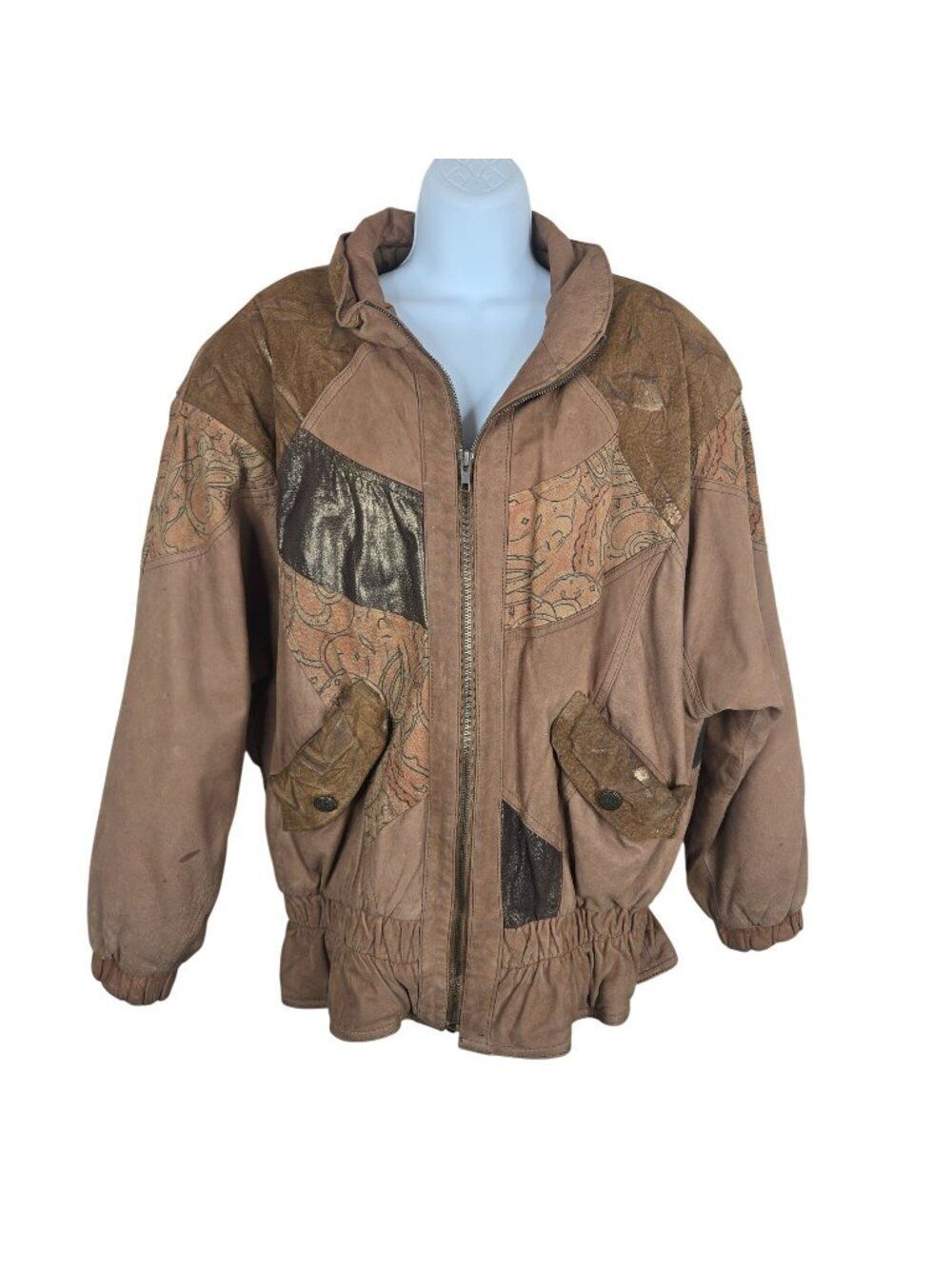 Vintage 80s Womens M Leather Bomber Jacket Patchwork Paisley Brown Gold